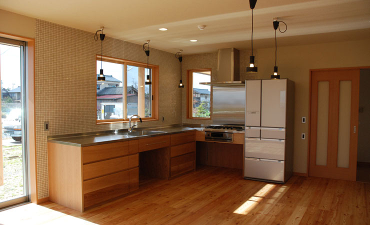 オーダーキッチン 一体天板 ナラ材 L型 5021 | オーダーメイド家具キッチン | 家具工房ツリーベ