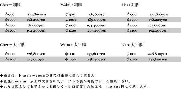 ちゃぶ台　丸ローテブル　価格表 2017年11月改定版