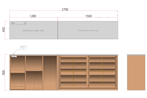 食器棚 分割できるステンレスのカウンター天板チェリー 742  イメージ-7